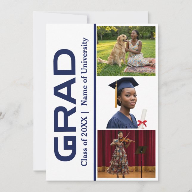 3 Photo Blue & White Graduation Celebration Invite (Front)