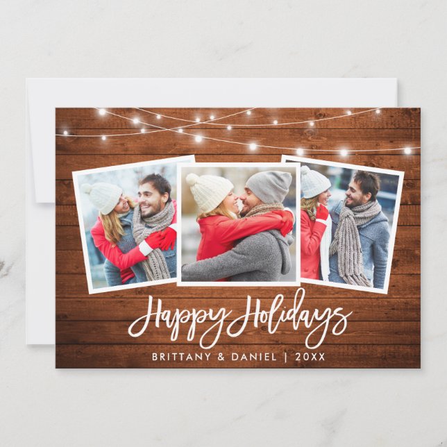 3 Photo Brush Script Rustic Wood Lights Holiday Card (Front)