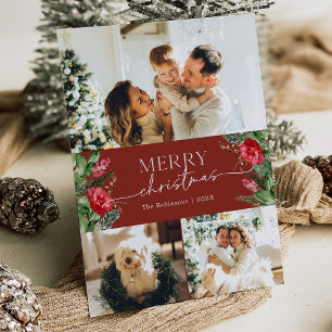 3 Photo Burgundy Red Elegant Merry Christmas Holiday Card