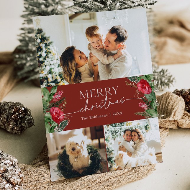 3 Photo Burgundy Red Elegant Merry Christmas Holiday Card (Creator Uploaded)