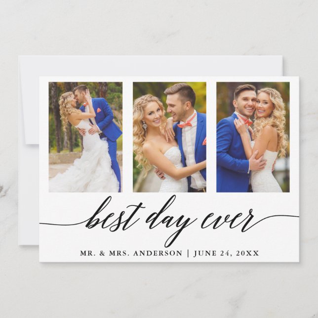 3 Photo Calligraphy Wedding Best Day Ever Thank You Card (Front)