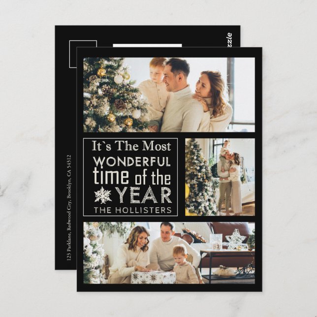 3 Photo Chalkboard Calligraphy Holiday Christmas  Postcard (Front/Back)