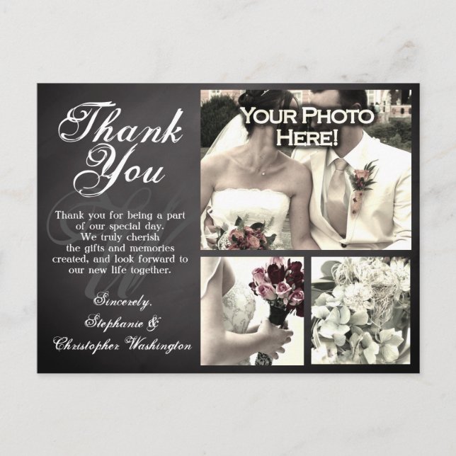 3 Photo Chalkboard Custom Wedding Thank You Card (Front)