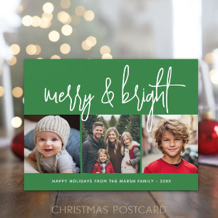 3 Photo Christmas Collage - Merry & Bright green - Holiday Postcard