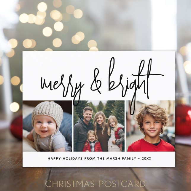 3 Photo Christmas Collage - Merry & Bright - Holiday Postcard (Online Christmas Card Template for a postcard with  3 photos)