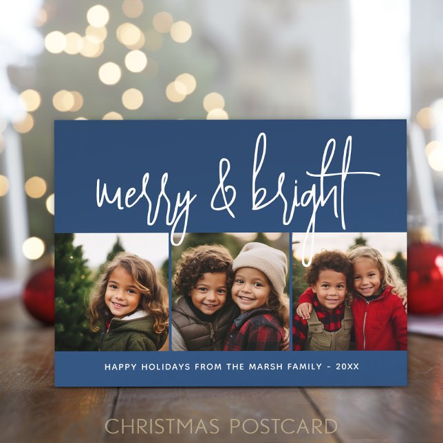 3 Photo Christmas Collage - Merry & Bright - Navy Holiday Postcard (Christmas Postcard with 3 photos and a modern design on the front - Merry & Bright)