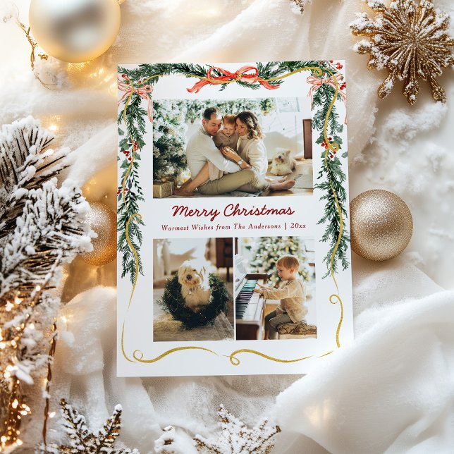 3 Photo Christmas Greenery Garlands and Bow Holiday Card (Creator Uploaded)