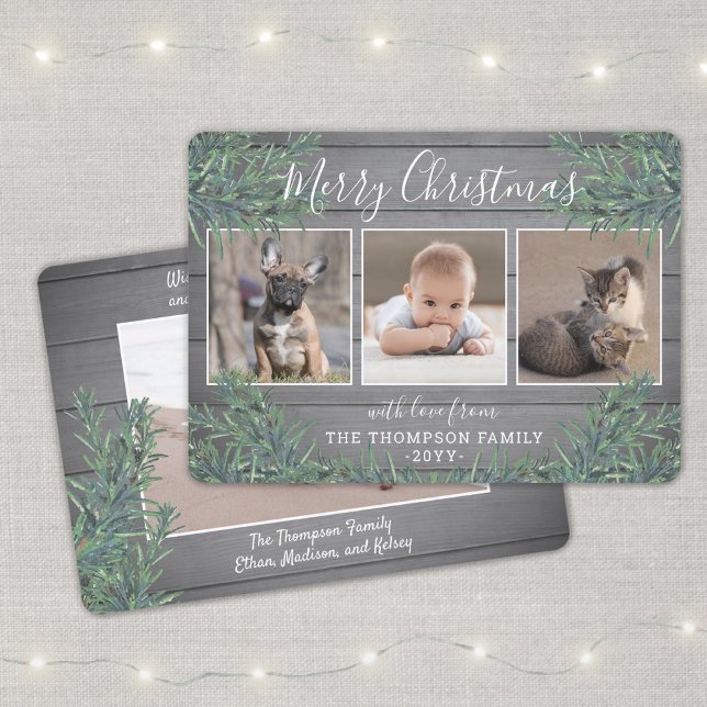3 Photo Christmas Greenery & Rustic Grey Wood Holiday Card (Creator Uploaded)