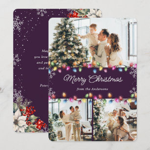 3 Photo Christmas Lights Purple Holiday Card