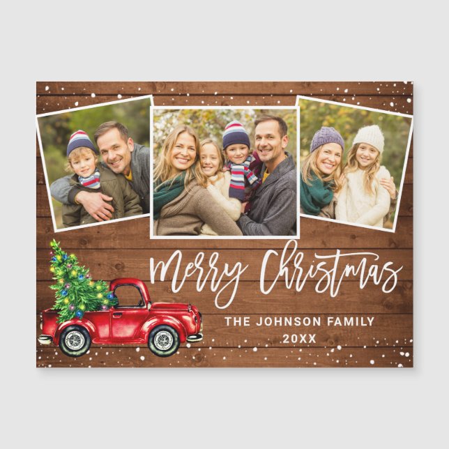 3 PHOTO Christmas Red Truck Greeting Magnetic Card (Front)