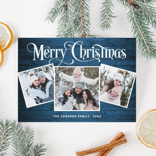 3 PHOTO Christmas Rustic Blue Wood Greeting Holiday Card