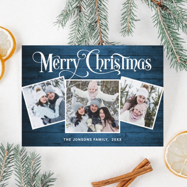 3 PHOTO Christmas Rustic Blue Wood Greeting Holiday Card (Creator Uploaded)