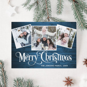 3 PHOTO Christmas Rustic Blue Wood Greeting Holiday Card
