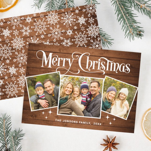 3 PHOTO Christmas Rustic Brown Wood Greeting Boho Holiday Card (Creator Uploaded)