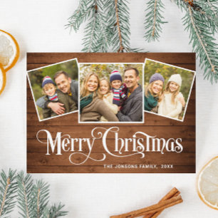 3 PHOTO Christmas Rustic Brown Wood Greeting Holiday Card