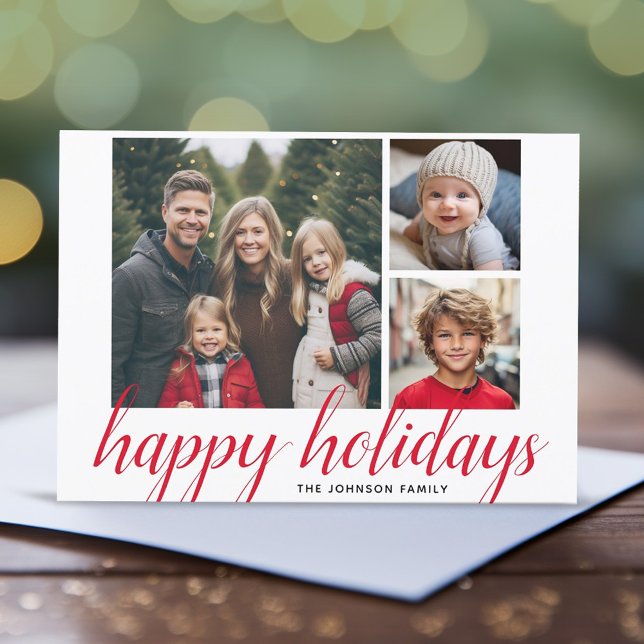 3 Photo Christmas Script Red Damask Happy Holiday Card (3 Photo modern Christmas Card)