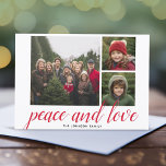 3 Photo Christmas Script Red Damask  Peace Love Holiday Card<br><div class="desc">Use three square photos and make a unique and trendy Merry Christmas greeting with an elegant pattern on the back. The greeting is shown in a modern, bounce calligraphy that can be changed to meet your favourite saying. If you need to move anything around, click on the customise button to...</div>