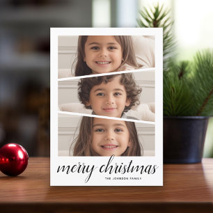 3 Photo Christmas Script - Retro Half Moon Pattern Holiday Card