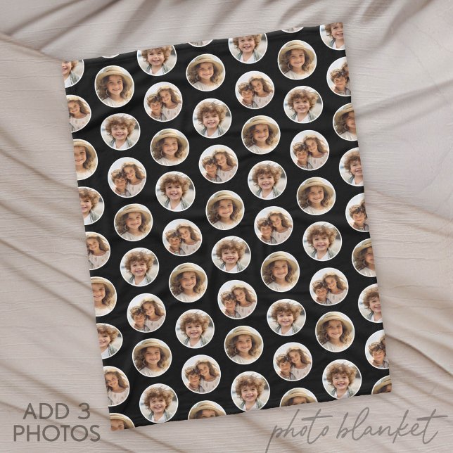 3 Photo Circle Border Collage - Black White Fleece Blanket (Custom Photo Blanket)