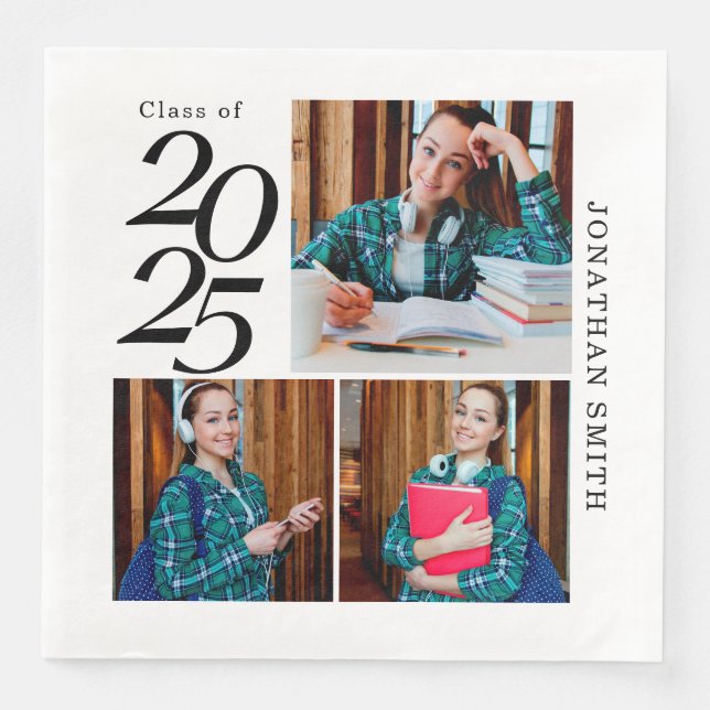 3 Photo Collage 2025 Custom Graduation Party  Napkin (Front)