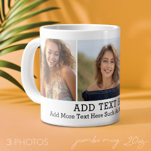 3 Photo Collage 2 Lines of Text -- Minimal, Simple Large Coffee Mug