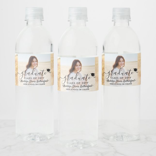 3 Photo Collage and Black Script Graduation Party Water Bottle Label (Bottles)