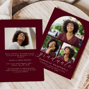3-Photo Collage Arch Burgundy White Graduation Announcement