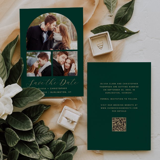 3-Photo Collage Arch Emerald Green Gold QR Code Save The Date (Creator Uploaded)