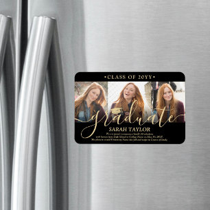 3 Photo Collage Black Gold Graduation Announcement Magnet