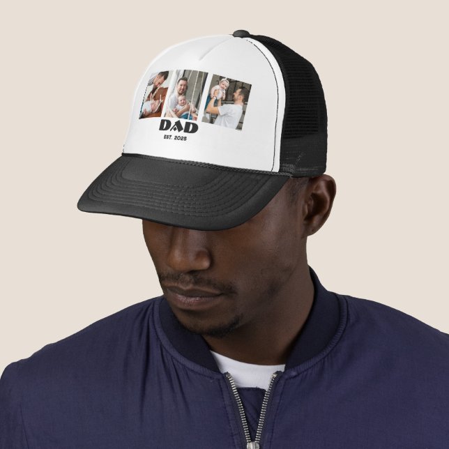 3 Photo Collage Black White Dad Established Bold Trucker Hat (In Situ)