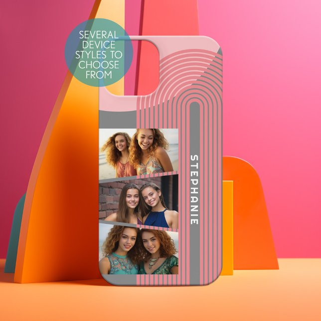 3 Photo Collage - boho coral line art arch - name iPhone 15 Case (Personalized Phone Case - Choose Your Device and Customize the Design)