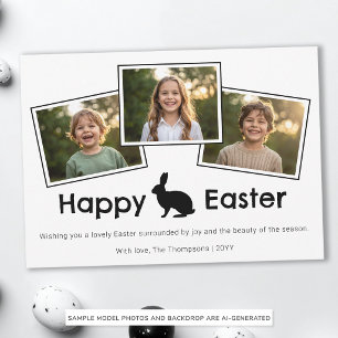 3 Photo Collage Bold Black Happy Easter With Bunny Card