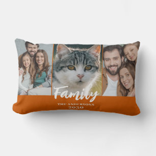 3 Photo Collage Burnt Orange Family Name Year Lumbar Cushion