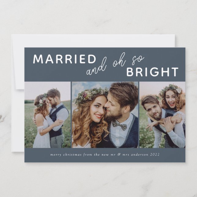 3 Photo Collage Christmas Card | Married & Bright (Front)