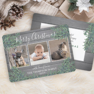 3 Photo Collage Christmas Greenery & Grey Wood Holiday Card