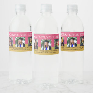 3 Photo Collage Congrats Grad Pink and Gold  Water Bottle Label