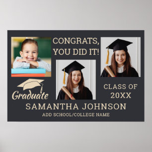 3 Photo Collage Congrats Graduate 2026 Grey Poster
