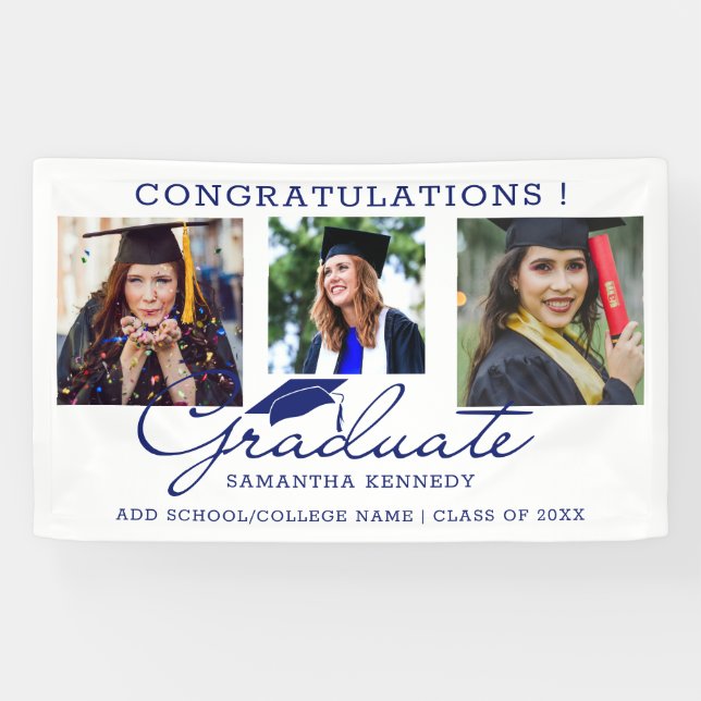 3 Photo Collage Congrats  Graduate Blue And White  Banner (Horizontal)
