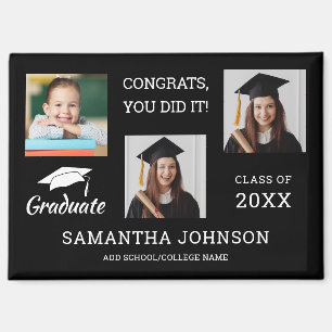 3 Photo Collage Congratulations Grad 2025 Black Magnet