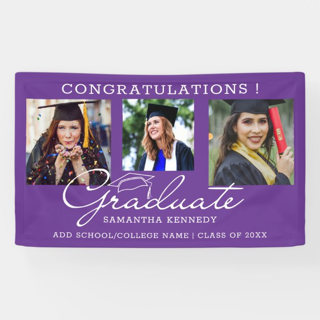 3 Photo Collage Congratulations Graduate Purple Banner (Horizontal)
