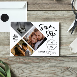 3 Photo Collage Diamond Typography Script Save The Date