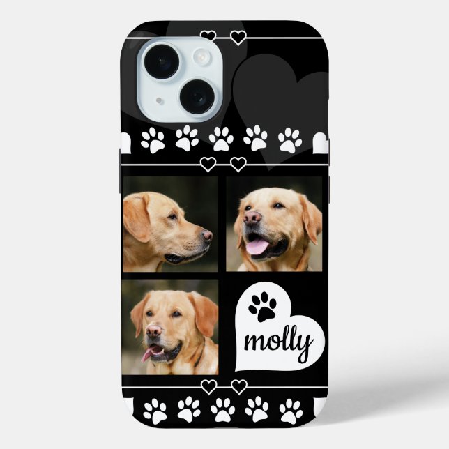 3 Photo Collage Dog Name Black and White Heart Case-Mate iPhone Case (Back)