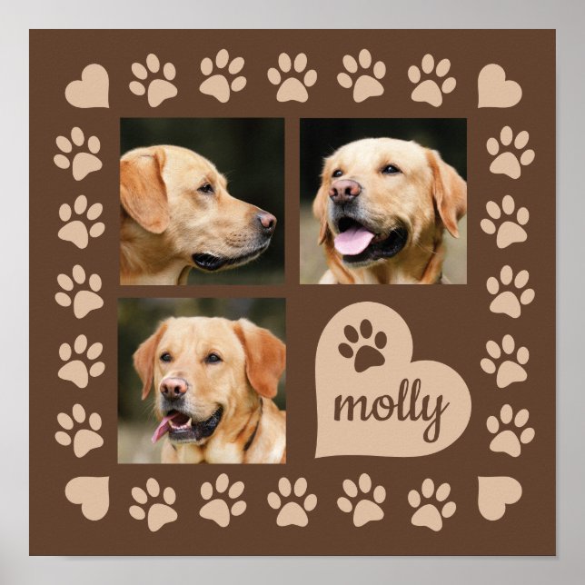 3 Photo Collage Dog Name Brown Heart Poster (Front)