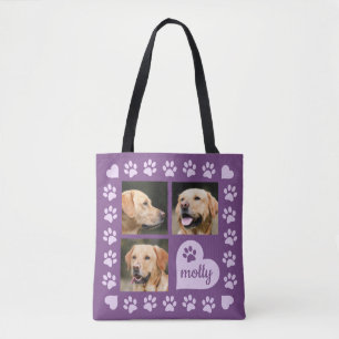 3 Photo Collage Dog Name Purple Heart Tote Bag