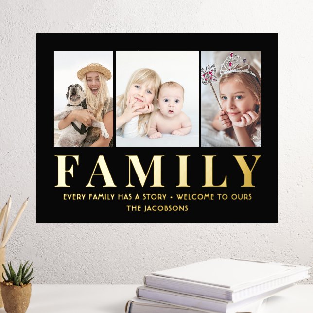 3 Photo Collage Family Keepsake Black and Real Foil Prints (In Situ (Desk 3))