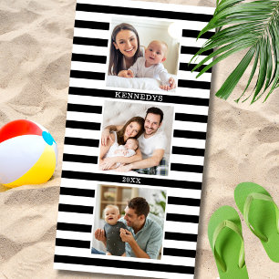 3 Photo Collage Family Name Black And White Stripe Beach Towel