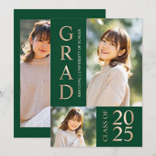 3 Photo Collage Green & Beige Graduation Party Invitation