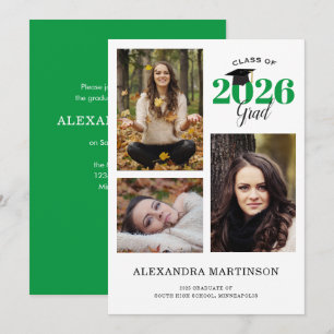3 Photo Collage Green Graduation Party Invitation