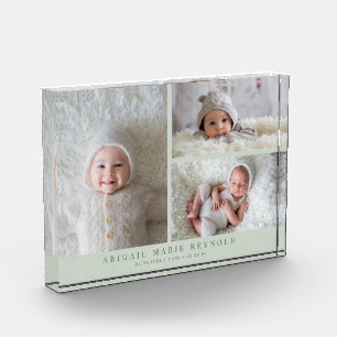 3 Photo Collage Green New Baby Keepsake  Block