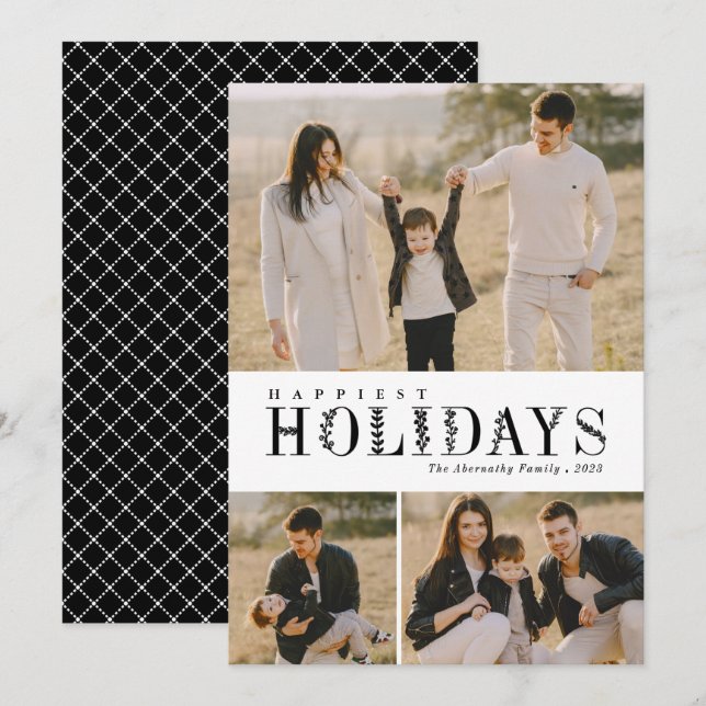 3 Photo Collage Greenery Letters Happiest Black Holiday Card (Front/Back)